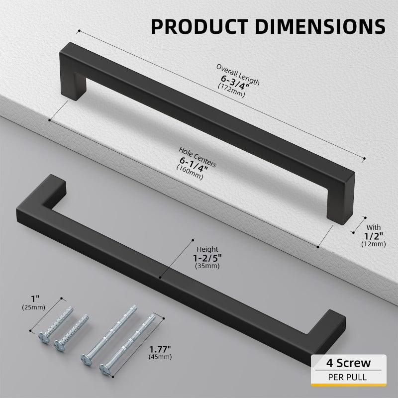 Goldenwarm 10 Pack Black Square Bar Cabinet Pull Drawer Handle Stainless Steel Modern Hardware for Kitchen and Bathroom Cabinets Cupboard,Center to Center 6-1/4in(160mm) Kitchen Cupboard Handles - Image 2